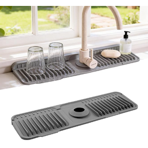 ZJWZLG Faucet Mat for Kitchen Sink, 17.7"X5.5" Silicone Sink Splash Guard with Soap Holder, SnapOn Design & 7°slope Fast Drain, Folding Sink Faucet Mat for Universal Kitchen Bathroom Sink（Grey）