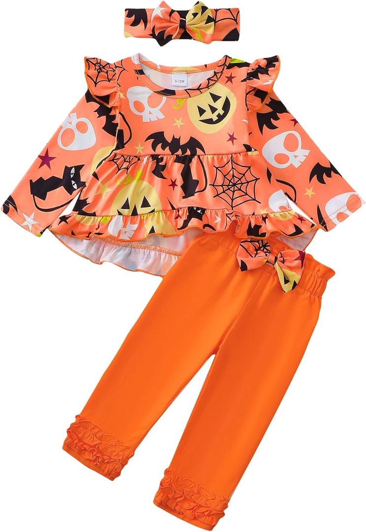 Kislio Toddler Baby Girls Fall Winter Clothes Pumpkin Ghost Shirt Tops Ruffle Pants Set Infant Thanksgiving Outfits 3PCS (6-12 Months)