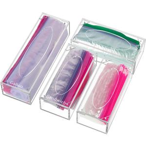 FEMELI Food Bag Storage Organizer, Acrylic Kitchen Drawer Baggie Box, Compatible with Gallon, Slider Quart, Freezer, Sandwich, Snack, Variety Size Bags, 4 separate Pack(Clear)