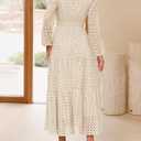 ZESICA Women's 2026 Spring Long Sleeve Maxi Dress V Neck Hollow Out Eyelet A Line Long Flowy Casual Party Dresses (Beige, L)