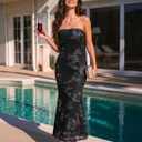 MEROKEETY Women's Floral Strapless Maxi Dress 2026 Summer Mesh Tube Bodycon Formal Wedding Guest Cocktail Party Long Dresses (Black, L)