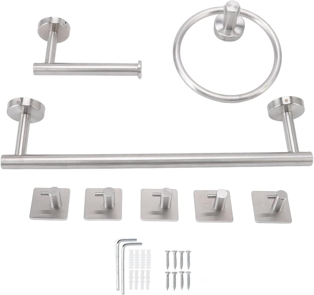 304 Stainless Steel Bathroom Hardware Set, Includes Towel Rings, Towel Bar, Tissue Holder, and 5 Hooks, Modern Brushed Finish, Easy to Install