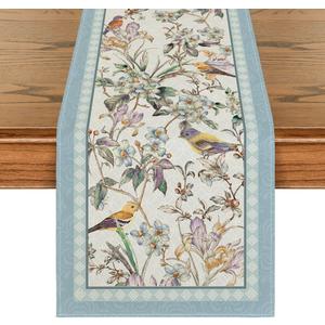 Artoid Mode Blue Birds Flowers Blossom Table Runner, Seasonal Spring Floral Kitchen Dining Table Decoration for Home Party Decor 13x72 Inch