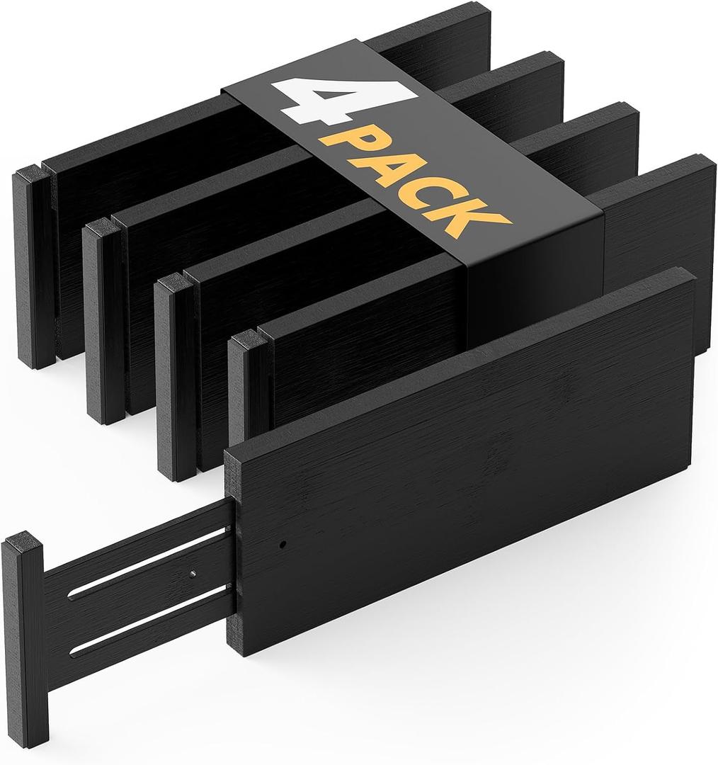 SpaceAid Bamboo 4 Pack Dresser Drawer Dividers, 4.65 High Adjustable 12.5-17 Drawer Organizers, Expandable Organization for Clothing, Clothes, Dressers, Black