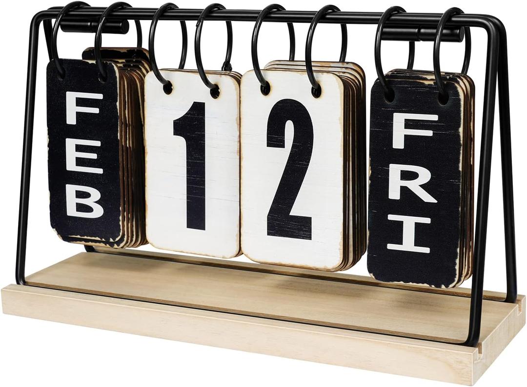 Wooden Desk Calendar, Perpetual Flip Calendar with Large Display, Daily Desktop Calendar Rustic Farmhouse Desk Accessories for Home Office Decor