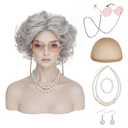 Benehair Old Lady Wig Set, Grandma Costume Wig for 100th Days of School, Set with Glasses Chain Strap Pearl Necklace Earrings Bracelet, for Halloween Cosplay Parties, Grey Wavy