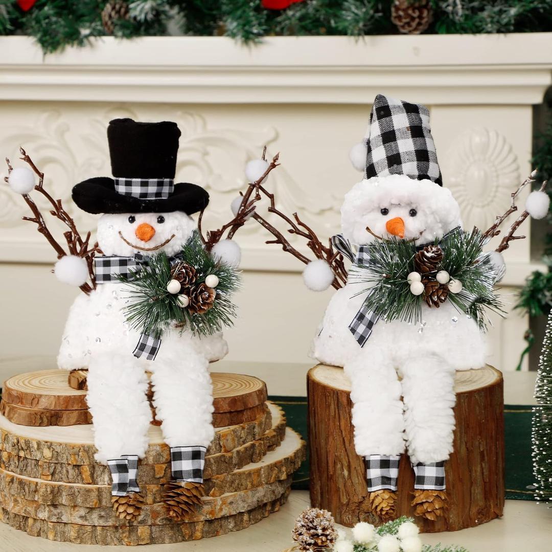 Lulu Home Christmas Snowman Decorations, Set of 2 Plush Shelf Sitters with Dangling Legs, Buffalo Checked Christmas Snowman Ornaments for Table Mantel Desk Fireplace Home Holiday Decor