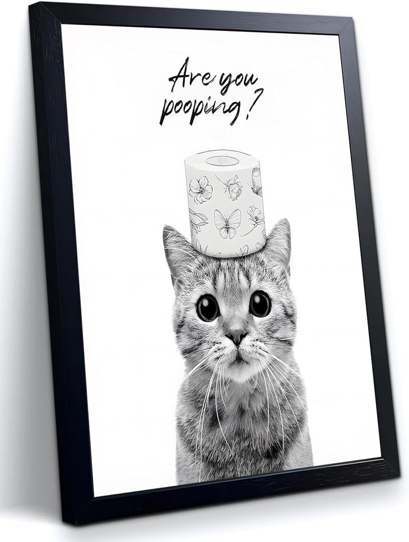 JZMGGQQ Funny Cat Bathroom Wall Art, Black and White Cute Kitten Wall Decor with Humorous Are You Pooping Canvas Print, Animal Art for Restroom, Bathroom Poster Black Wooden Frame 16x12 In