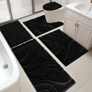 HEBE Bathroom Rugs Sets 5 Piece, Soft Absorbent Microfiber Bath Mat for Bathroom, Non Slip Washable Bath Rug Set with Toilet Cover, Bath Runner and U-Shaped Contour Toilet Rug, Black (18"x26"+20"x32"+20"x48"+U20"x24"+Cover19"x21")