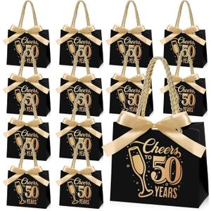 Clysee 25 Pcs Birthday Gift Bags with Handles Black and Gold Party Favor Bags Bulk for Birthday Wedding Anniversary Supplies Decorations, 5.51 x 2.36 x 4.72 Inches (Cheers to 50)