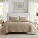 WDCOZY Beige Cloud Queen Size Quilt Set, Tan Lightweight Farmhouse Bedspread, Rustic Country Coverlet, Taupe Camel Soft Bedding, Thin Comforter for All Season - 3 Pieces, 90x90 inches