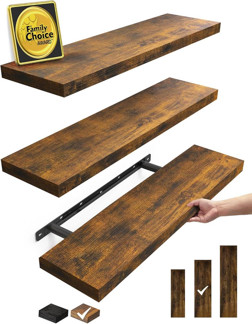 BAYKA Floating Shelves for Wall, Set of 3, 22.5 Inch Rustic Wood Wall Mounted Shelving for Bathroom, Bedroom, Living Room or Kitchen, Hanging Display Decor Book Shelf with 22 lbs, Rustic Brown