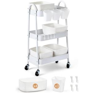 3-Tier Rolling Utility Cart with 4 Woven Baskets, Diaper Book Snack Cart, Storage Organizer for Nursery, Kitchen, Craft Room, Home SPA, Living Room, Metal Frame Trolley on Lockable Wheels, White