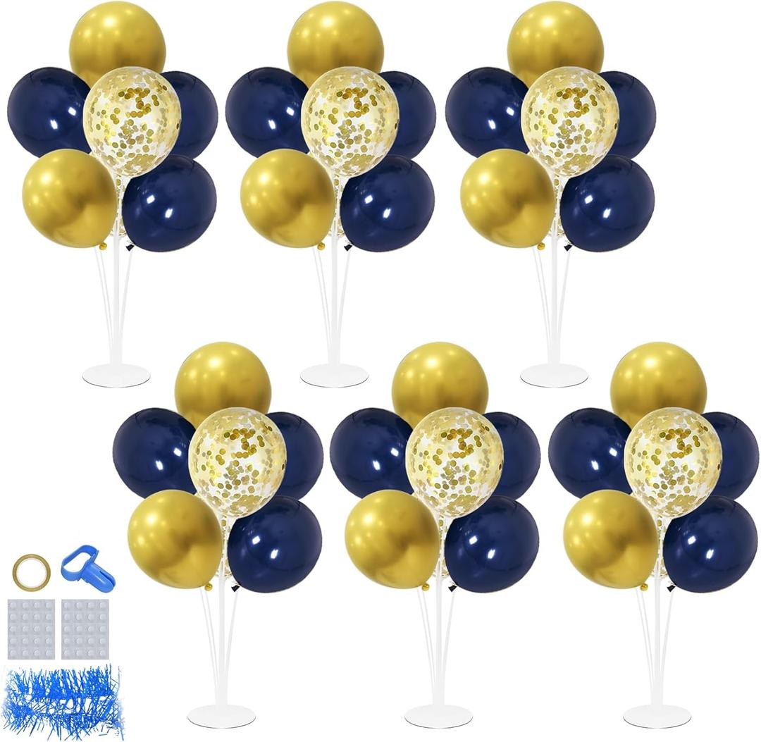 6 Set Balloon Stand with Blue and Gold Balloons Centerpiece Table Decorations for Birthday Wedding Anniversary Father's Day Retirement New Years Graduation Decorations Class of 2025