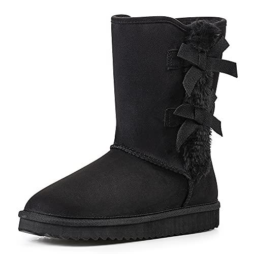KRABOR Womens Suede Snow Boots Mid-Calf Winter Shoes with Side Bows Black Size 6