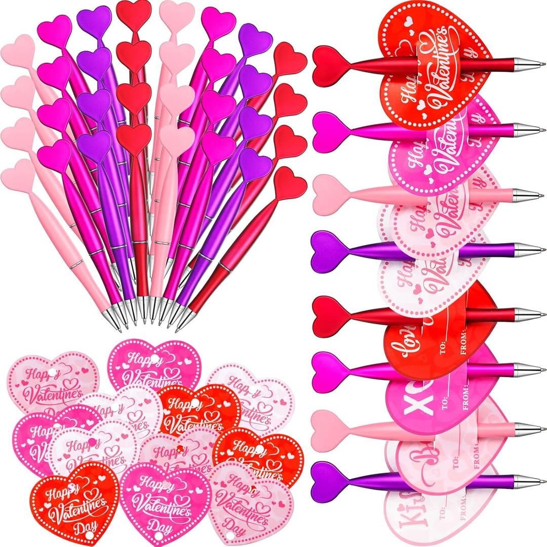 96 Pack Valentine's Day Pens Heart Shaped Ballpoint Pens Bulk and Exchange Card for Valentine Party Favor Rewards Office Coworkers Gift Exchange(Red)