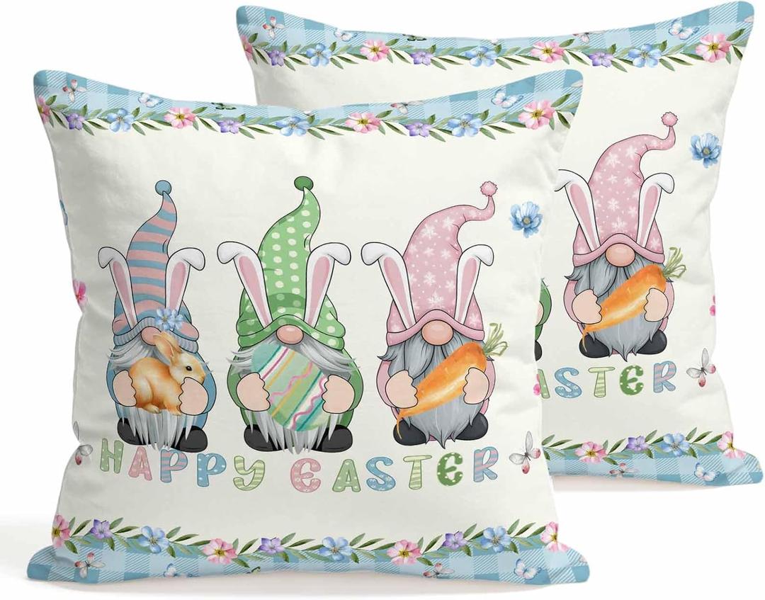 Easter Decorative Throw Pillow Covers 18x18 Set of 2 Gnome Spring Square Pillow Covers for Couch Happy Easter Eggs Bunny Carrot Floral Cushion Cases for Living Room Bedroom Bed Car Chair