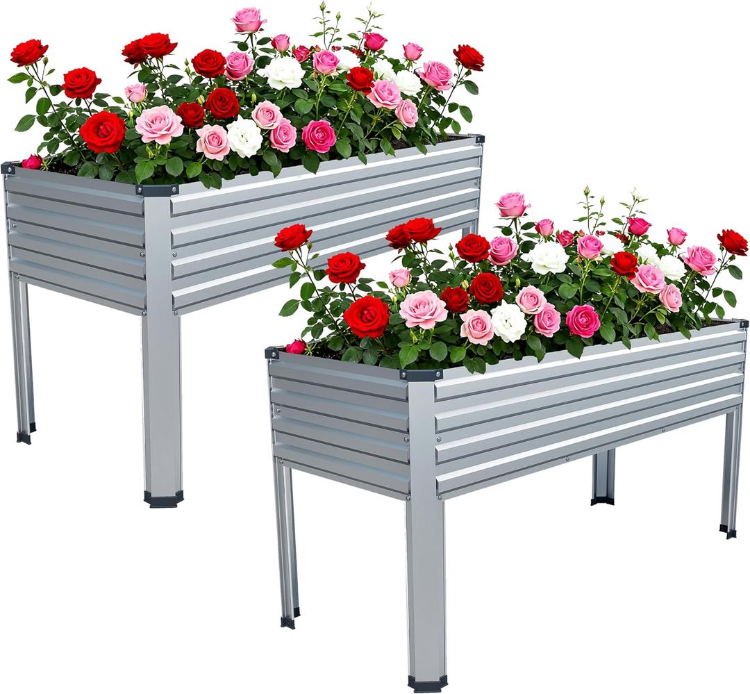 Vengarus Galvanized Raised Garden Bed Outdoor with Legs, 481830in Metal Elevated Raised Planter Box for Backyard, Patio, Balcony, 300lb Capacity, Silver (2PCS), Sliver