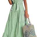 utcoco Womens Casual Short Sleeve Button Down Tie Waist Ruffled Striped Maxi Shirt Dress (Green, S)
