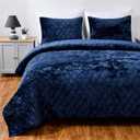 Fredsure Distressed Velvet Quilt Set, 3 Pieces Navy King, Distressed Velvet Face and Brushed Microfiber Reverse with Diamond Quilting, Size: King