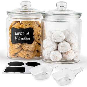 KooK Glass Storage Containers with Lids, 1/2 Gallon, Set of 2, Glass Kitchen Jars, Food & Cookie Storage Containers for Pantry, Bathroom Apothecary Canisters, Dishwasher Safe, Chalk, Label, Scoops