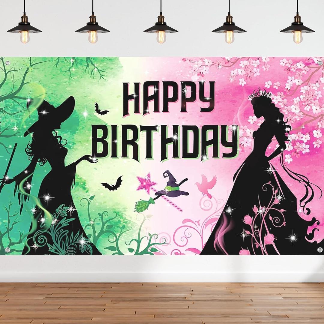 Pink and Green Birthday Backdrop Party Decorations Witch Birthday Party Decorations Witch Themed Happy Birthday Banner Photo Backdrops for Princess Girls Boys Women Party Supplies Decor