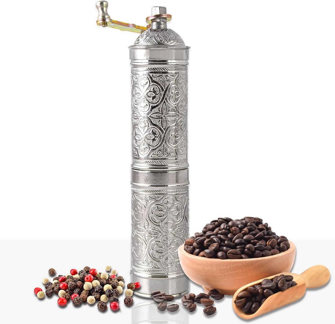 Handmade Turkish Pepper & Coffee Grinder, Refillable Turkish Spice Mill with Adjustable Coarseness, Manual Coffee Mill with Handle, Coffee Grinder Metal with Hand Crank 22 cm-8.66 inch (Silver)