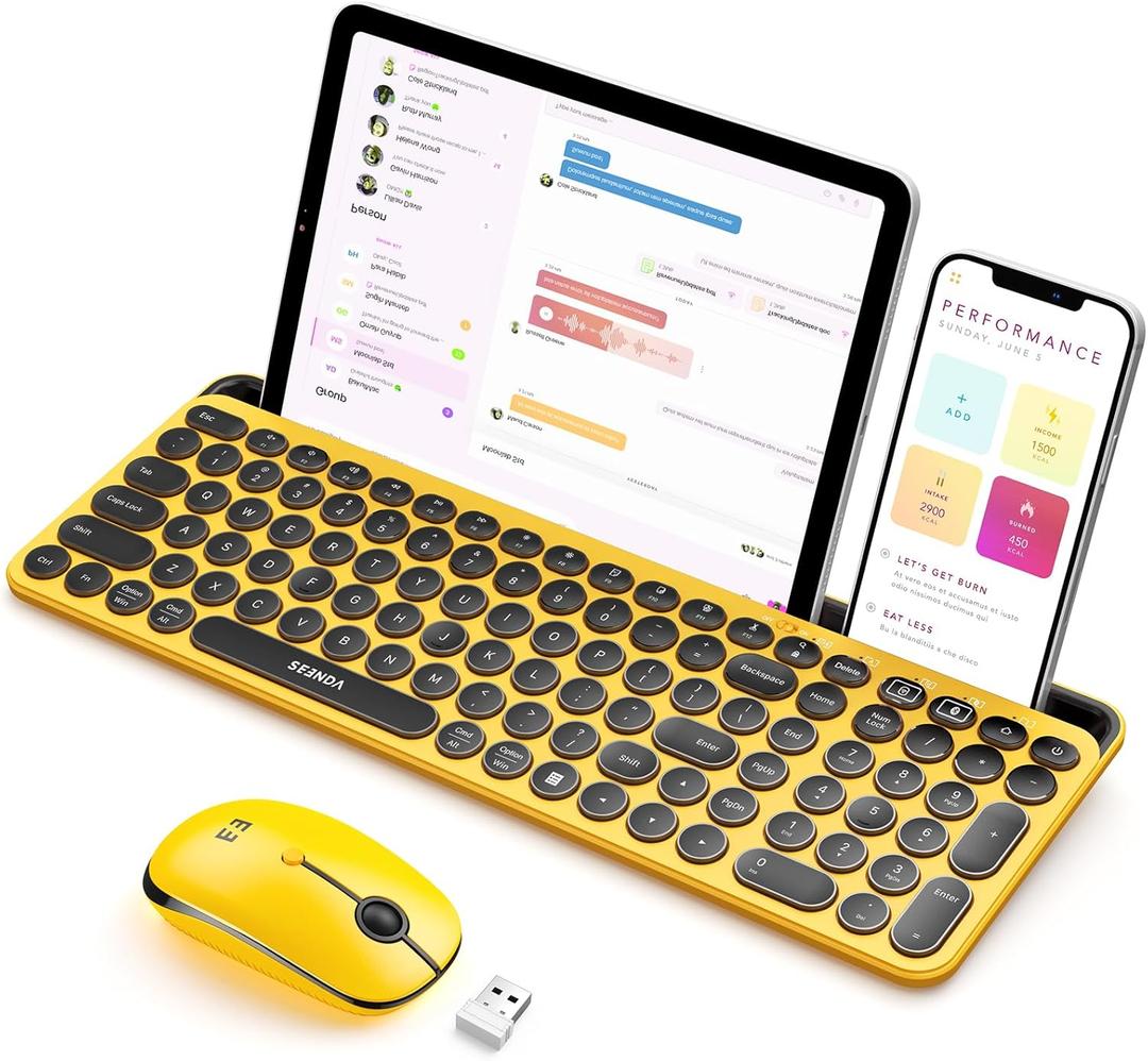 seenda Bluetooth Keyboard and Mouse for iPad, Multi-Device Bluetooth + 2.4G Wireless Round Key Cute Keyboard Mouse with Tablet Holder for MacBook/ Windows Computer, iOS/ Andriod Tablet Phone Yellow