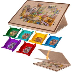 Tilting Jigsaw Puzzle Board with 2-in-1 Stand and Cover, Lightweight Felt Jigsaw Storage Table with 3 Angle Adjustable, 6 Sorting Trays for Puzzle Games Up to 1500 Pieces (Khaki)