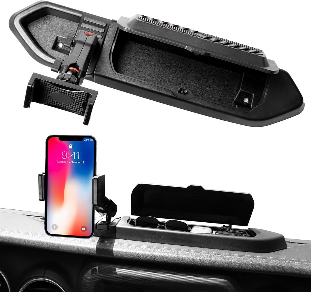 JL Phone Mount Storage Box with Cover, Dash Cell Phone Mount Dashboard Phone Holder with Tray for 2018-2023 Jeep Wrangler JL 2020-2024 Jeep Gladiator JT Accessories, 1 Pack, Black