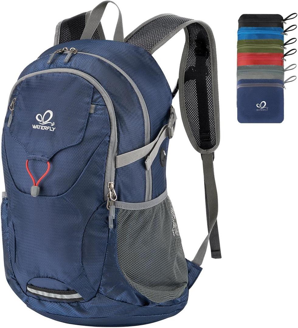 WATERFLY Lightweight Packable Hiking Backpack: 30L Foldable Travel Daypack Ultralight Camping Day Pack for Woman Man Dark Blue
