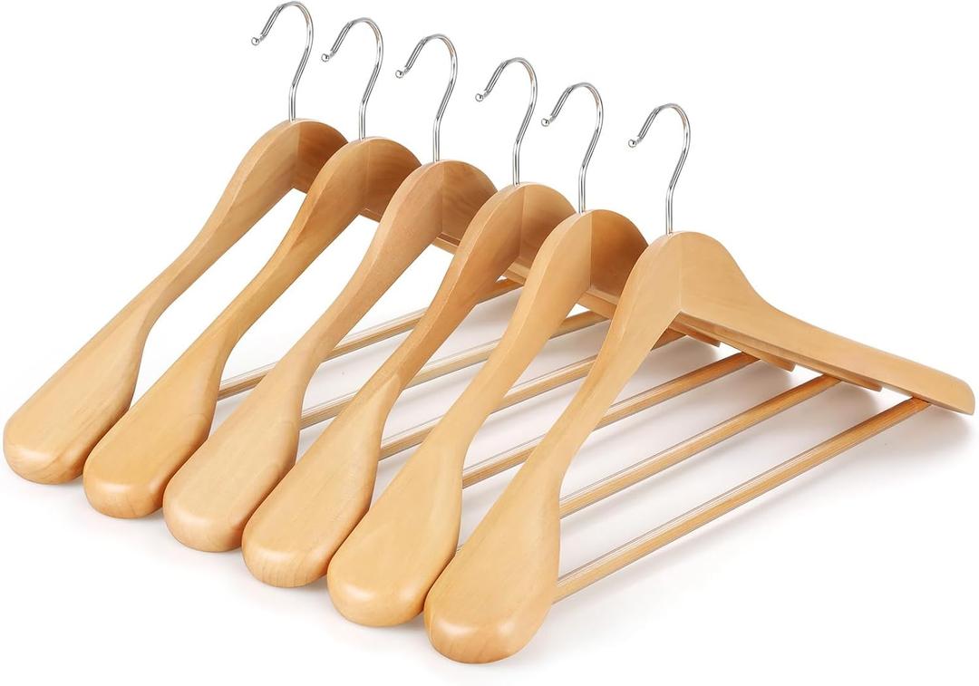 TOPIA HANGER Wide Shoulder Wooden Hangers, Suit Hangers with Non Slip Pants Bar & 360 Swivel Hook, Solid Wood Heavy Duty Coat Hanger, 6 Pack (Natural)-CT02NA