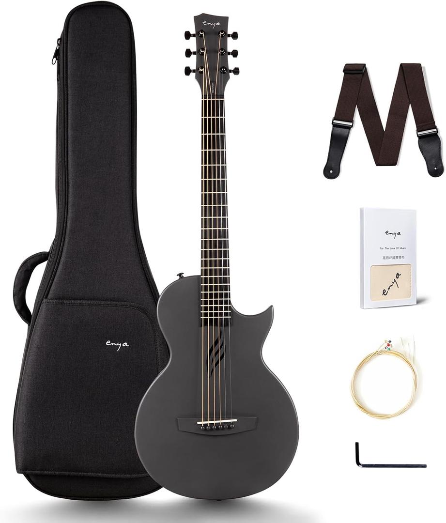 Enya Nova Go Carbon Fiber Travel Acoustic Guitar | 1/2 Size Lightweight Moisture-Proof Guitara | Adult & Beginner Portable Guitar with Gig Bag & Accessories (Black) (35")