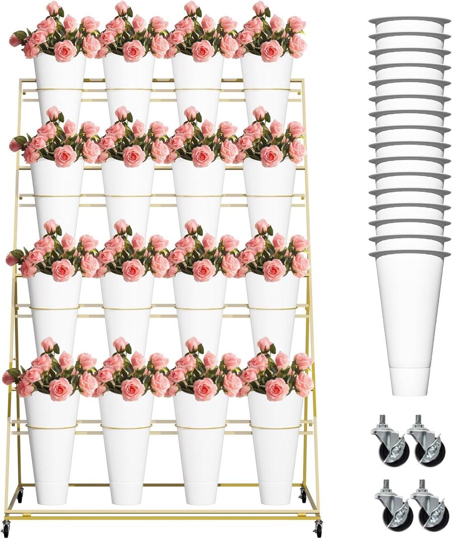 Flower Display Stand 4 Layers with 16 PCS Round Buckets, Flower Stand Metal with Lockable Swivel Wheels, Heavy Duty Moving Flower Rack for Terrace, Garden, Florist Shop, Living Room, Patio