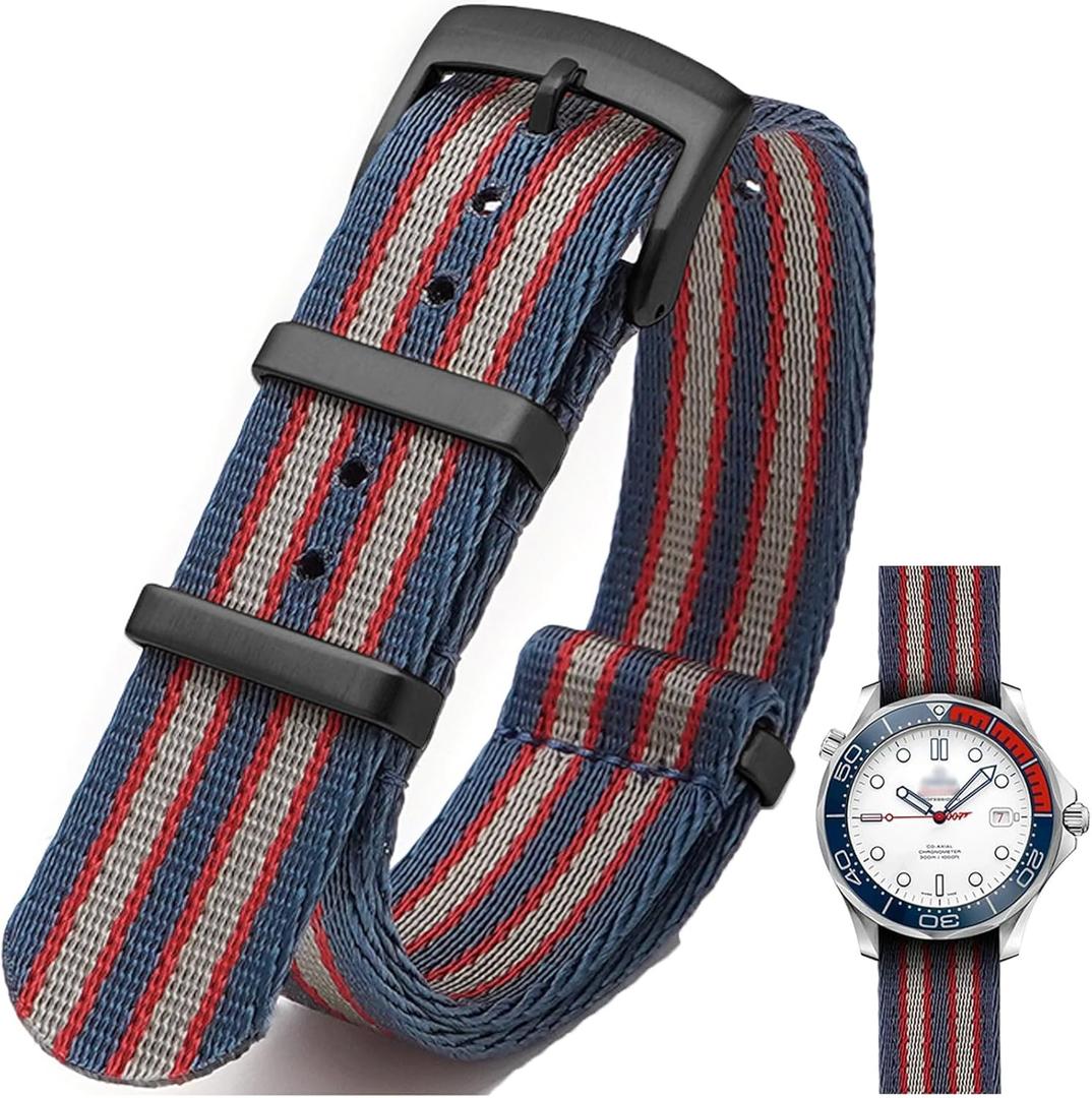 Military Ballistic Nylon Watch Band Heavy Buckle 18mm 20mm 22mm 24mm Thick G10 Premium Nylon Watch Bands Smart Watch Replacement Band Strap for Men Women (Blue Red Grey(Black Buckle))