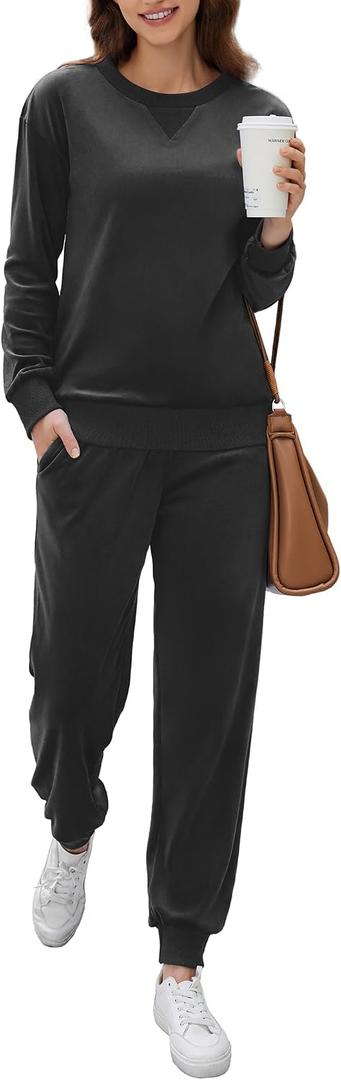 Ekouaer Womens Pajamas Sets Velvet Long Sleeve Jogger Pjs Soft Sleepwear 2 Piece Lounge Sets Casual Tracksuits (Black, M)