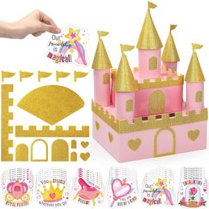 Pasimy Valentines DIY Mailbox for Kids with Greeting Cards Valentine's Day Card Box for School Classroom Boys Girls Gifts Exchange, Kids Gift to Party Favor Sets(Princess)