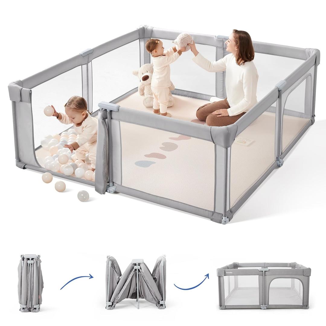 Sweeby Baby Playpen, 79x71 Inch Gate Foldable for Babies and Toddlers, Extra Large with Door Play Yard for Fence Indoor and Outdoor, Gray