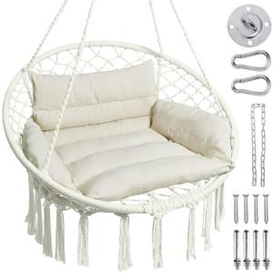 Greenstell Hammock Chair, Macrame Swing Chair with Comfy Cushion, Boho Hanging Chair for Outdoor & Indoor, Perfect for Bedroom, Patio, Balcony, Hold up to 350Lbs, White (Larger Size (32.7 x 35.4 x 50.4 inch))