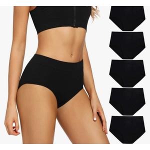 POKARLA Women's Cotton Stretch Underwear Ladies Mid-high Waisted Briefs Panties 5-Pack Black S