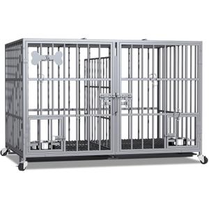 aboxoo 42/48 inch Heavy Duty Metal Dog Crate for 2 Dogs/Large Dog,All Metal Open Top,Dog Kennel Indoor with Wheels,Floor Grid, Tray, Divider and Feeding Bowl (Sliver)