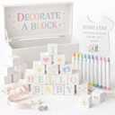 Nolia Baby Shower Blocks Decorating Game 48 White Wooden Cubes to Decorate, Storage Box, 12 Acrylic Markers & Instruction Sign