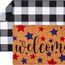 2 PCS Patriotic Door Mat Independence Day Natural Coir Welcome Doormats with Layered Buffalo Plaid National Day Front Door Rugs for Entrance Porch Outdoors Decor