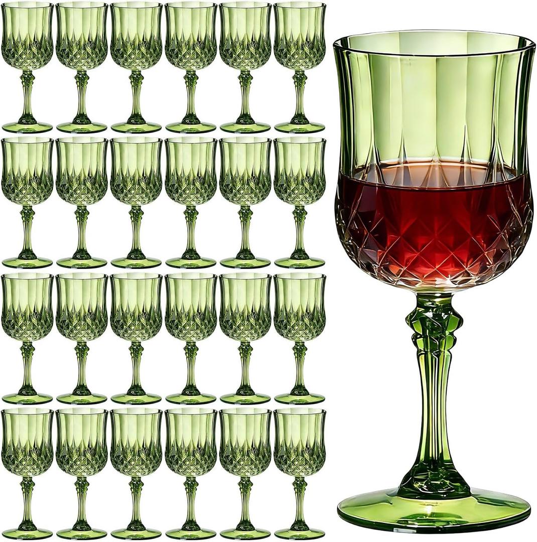 24 Pack 7 oz Vintage Plastic Wine Glasses Goblet Set, Unbreakable