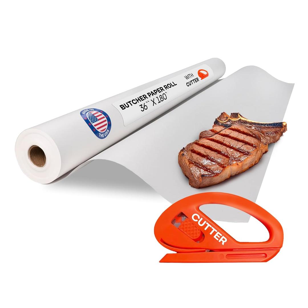 White Butcher Paper 36" x 2160" (180 feet) with Cutter - USA-Made Natural Butcher Paper Roll for Meat and Fish - Uncoated, Unwaxed & Food-Grade Material for Smoker, Grilling & BBQ by IDL Packaging