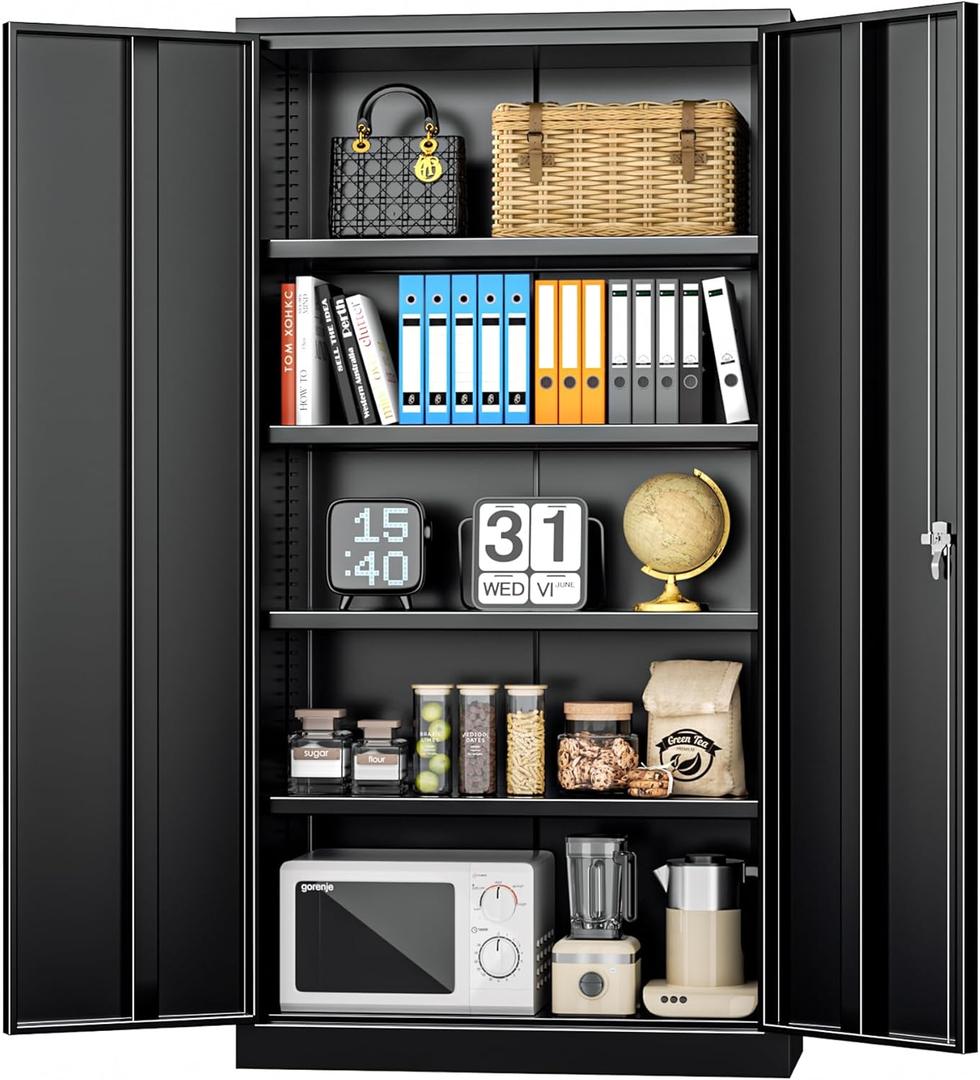 INTERGREAT Black Metal Storage Cabinet Doors, 72" Locking Steel Storage Cabinet with Shelves, Tall Metal Cabinet Lockable Steel Cabinets for Home Office, Garage