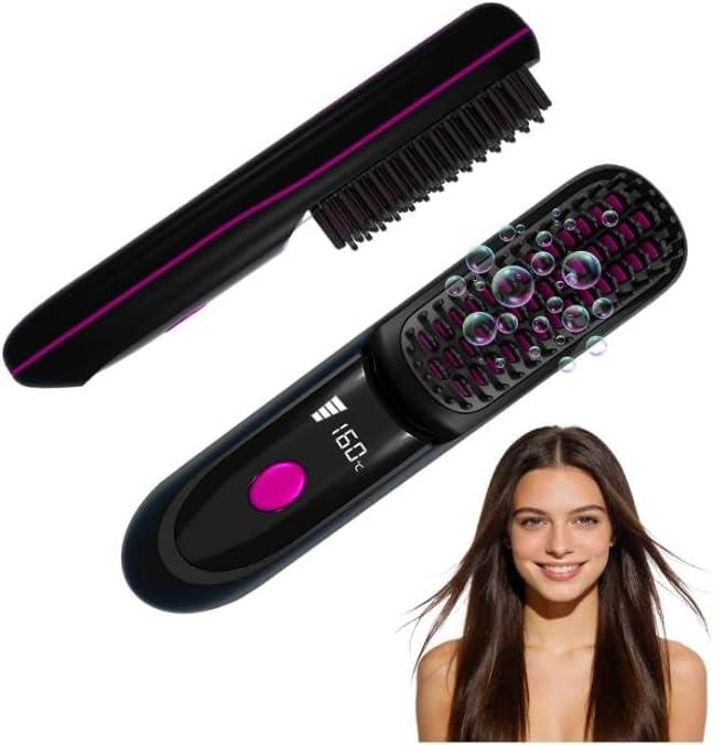 Go Brush Pro 2026 for Short Hair, Portable Straightener Brushes for Travel, with LCD Temperature Display, Fast Heating Cordless Mini Hair Brushes (Black)