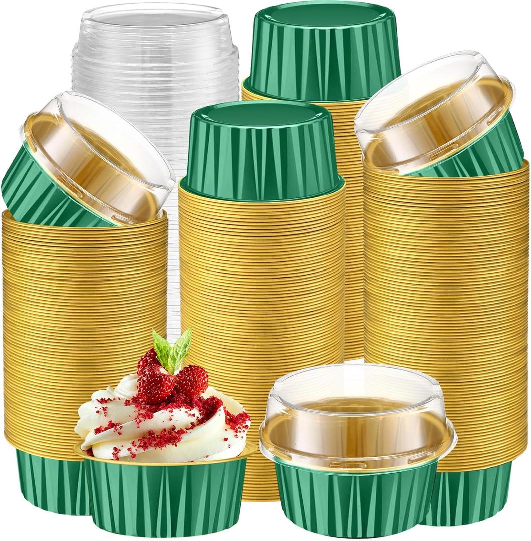 Gejoy 400 Pcs Aluminum Foil Baking Cups with Lids 5 oz Disposable Ramekins Mini Cake Pans Creme Brulee Cupcake Liners Muffin Tins Flan Mold Dessert Container for Wedding (Dark Green,Gold,Classic)