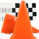 Race Car Birthday Party Decorations - 7inch Orange Race Cones with Checkered Flags,12 Traffic Cones, 24 Racing Black and White Flags,Racecar Theme Two Fast Centerpieces Supplies(36PCS)