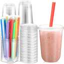 Ziliny 50 Sets Clear Cups with Lids and Jumbo Smoothie Straws Disposable Plastic Cups for Smoothies, Bubble Milk Tea, Milkshakes, Cold Drinks (16 oz)
